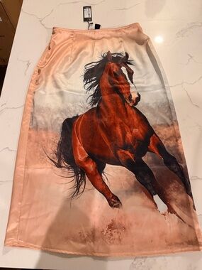 Women's Satin Horse-Print Midi Skirt